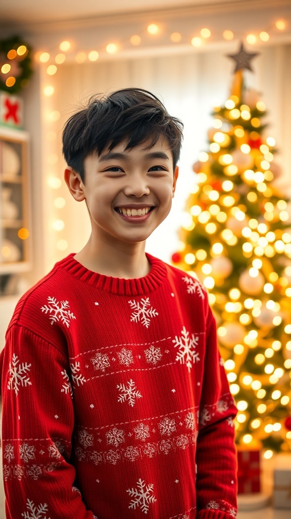 Ulzzang profile picture with a person in a red sweater smiling in front of a Christmas tree.